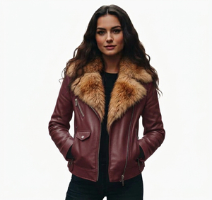 Veste de moto en cuir véritable gris pour femme, col en fourrure de renard amovible, fermeture éclair, vente en gros - Product Image 5