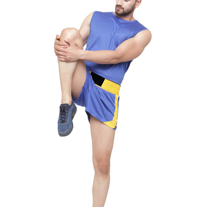 Ensemble gilet et short de boxe bleus sans manches avec bordure jaune, respirant, coupe élastique, pour hommes adultes, équipement de sport de protection - Product Image 3