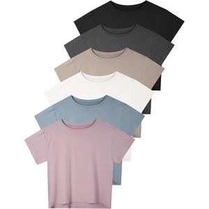 Camiseta de Punto para Mujer, Cuello Redondo, Manga Corta, Color Sólido, con Botones, Transpirable, Ecológica, de Secado Rápido, Corte Regular, Casual - Product Image 5