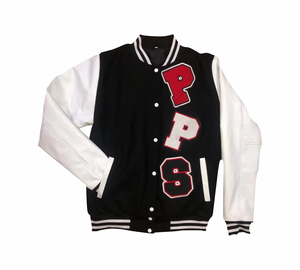 Veste varsity noire pour homme avec manches blanches, logo PPS brodé, col rabattu, coupe-vent, vêtement d'automne - Product Image 4