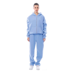 Survêtement à capuche rouge pour femmes, manches longues, fermeture éclair, coupe ample décontractée, couleur unie, en coton, pour l'automne - Product Image 3