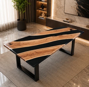 Table à manger moderne en résine époxy écologique noire, bord brut fait main avec plateau de style industriel pour salon - Product Image 3