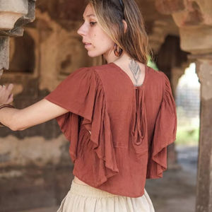 Blusa de Algodón para Mujer, Estilo Boho, Manga Corta, Cierre de Botones, Corte Regular, para Oficina, Sin Tejido, ODM - Product Image 1