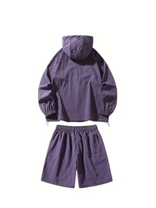 Conjunto de Chaqueta Cortavientos Morada Unisex con Capucha y Pantalones Cortos, Resistente al Agua, Cierre de Cremallera, Cintura Elástica, Corte Holgado, para Todas las Temporadas - Product Image 2