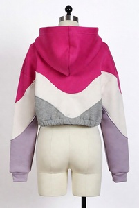 Women Color Blocked Hoodie <b>Crop</b> Top Full Sleeve Asymmetric Zipper <b>Up</b> Hooded Sweatshirt Autumn Knitted Style - Product Image 5