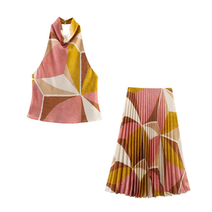 Custom Women Geometric Print Halter Top Backless Cowl Neck Satin <b>Blouse</b> Casual Summer Sleeveless Camisole - Product Image 2