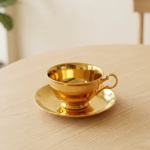 ชุดถ้วยชาและจานรองสแตนเลสสตีลสีทอง แก้วกาแฟสองชั้นเก็บความร้อน ถ้วยเอสเพรสโซ ลาเต้ ชา สำหรับใช้ในบ้านและที่ทำงาน - Product Image 2