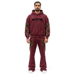 Ensemble de survêtement à capuche pour homme, couleur marron, imprimé flamme, streetwear, longueur intégrale, poches avec cordon de serrage, coupe régulière, 100% coton, vêtements d'hiver, 2 en 1 - Product Image 1