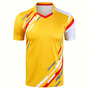 เสื้อยืดกีฬาคอวีพิมพ์ลายแบบซับลิเมชั่นสำหรับผู้ชาย แห้งเร็ว ผลิตจากโพลีเอสเตอร์ เหมาะสำหรับแบดมินตัน เทเบิลเทนนิส ฝึกซ้อม สามารถสั่งทำสีบล็อกได้ - Product Image 5