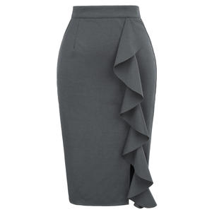 Falda lápiz ajustada transpirable de color liso para mujer, elegante falda formal midi con volantes hasta la rodilla para oficina, OEM personalizado - Product Image 2