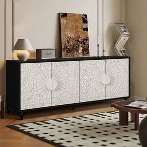 Mobile TV Vintage Bianco con Ante Grandi Sfaccettate Intagliate e Incollate, Combinato con Cornici Nere, Eleganti Credenze e Sideboard - Product Image 4
