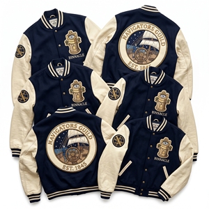OEM Custom Varsity Letterman <b>Jacket</b> Wool <b>Leather</b> Sleeves <b>Pilots</b> Union Steamboat Embroidery Mark Twain Patch Teal Coat - Product Image 4