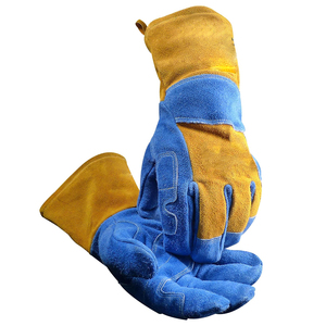 Gants de travail en cuir de vachette bleu et jaune à manches longues, paume renforcée, doigts entiers, pour atelier, protection des mains, gants de soudage en cuir personnalisés - Product Image 1
