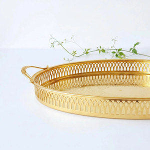 Plateau de service rond en métal plaqué or de qualité supérieure, vaisselle de mariage, centre de table d'hôtel, assiette de présentation, décoration pour la maison et l'hôtel - Product Image 5