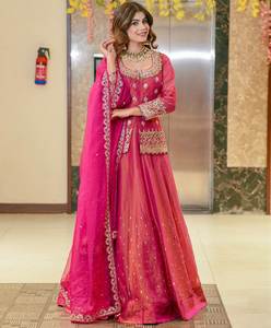 Premium <b>Pink</b> Roman <b>Silk</b> Lehenga Set with Beads & Stone Embroidered <b>Top</b> and Net Dupatta – Elegant Festive Wear - Product Image 2