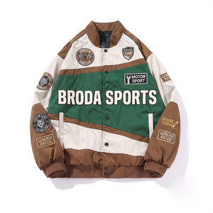 แจ็คเก็ตบอมเบอร์ NASCAR คุณภาพพรีเมียม OEM ODM ไซส์พลัส สำหรับทุกเพศ สไตล์วินเทจ สตรีทแวร์ ปักลายมอเตอร์ไซค์ ผ้าฝ้ายเนื้อบางเบา สำหรับผู้ชาย - Product Image 3