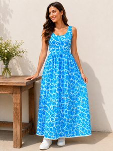 Vestido Largo Premium de Algodón Estampado Azul Estilo Western con Cuello Redondo, Sin Mangas, Dobladillo Plisado Acampanado, Casual de Verano para Playa - Product Image 5