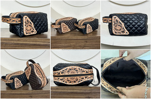 Manufacturer Customize Hand Tooled Quilted Leather <b>Cosmetic</b> Storage Fashion Durable Genuine Leather Travel Toiletry Makeup <b>Bags</b> - Product Image 3