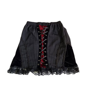 Gothic Punk Pinstripe Mini <b>Skirt</b> Women Lace-up Corset Front High Waist <b>Skirt</b> with Velvet <b>Patchwork</b> and Lace Trim - Product Image 2
