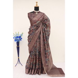 FANCY SILK FLORAL and DIGITAL PRINT WORK SAREE WITH UNSTITCHED <b>BLOUSE</b> BROWN - Product Image 1