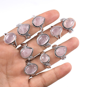 Anillo de Cuarzo Rosa Natural Hecho a Mano, Estilo Boho Vintage, con Baño de Plata 925 y Latón, Joyería para Mujer, Venta al Por Mayor - Product Image 1