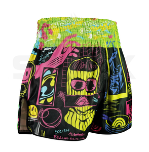 กางเกงมวยไทย โพลีเอสเตอร์ 100% พิมพ์ลายแบบซับลิเมชั่น ทนทาน ระบายอากาศได้ดี แห้งเร็ว ยืดหยุ่น รับสกรีนโลโก้ด้านหน้า - Product Image 4