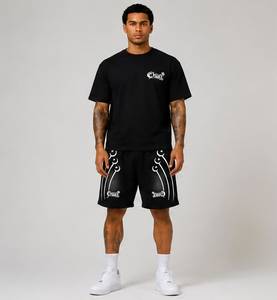 Shorts Bermuda pour homme noirs imprimés avec logo blanc et bandes latérales, décontractés, taille élastique, taille mi-haute, en coton respirant brodé - Product Image 1