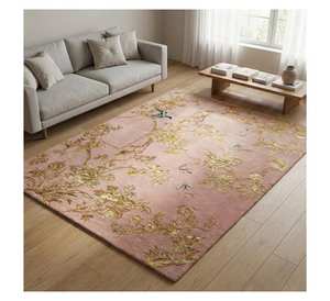 Alfombra de lujo hecha a mano con diseño floral botánico de pájaros en rosa y dorado, alfombra de lana y viscosa tallada en 3D, alfombra vintage inspirada en la naturaleza. - Product Image 1