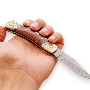 Cuchillos Plegables Premium con Hoja de Acero con Patrón de Damasco, Mango Decorativo de Madera y Funda de Cuero para Caza y Camping al Aire Libre - Product Image 5