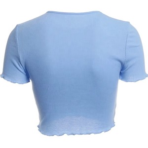 Women's Light <b>Blue</b> Ribbed <b>Crop</b> <b>Top</b> Cap Sleeve Crew Neck Knitted Casual Solid Color Slim Fit Spring Summer Wear - Product Image 3
