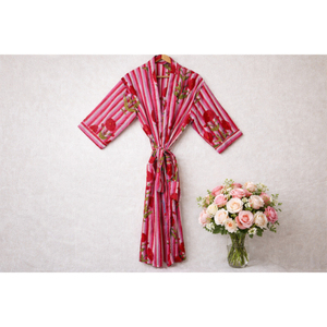 Robe kimono pour femmes 100% coton imprimé |   Peignoir léger à motifs floraux pour la détente |   Kimono d'été respirant avec logo frontal - Product Image 6