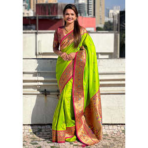 ผ้าไหมอีโอล่า ปาธานี ลายมีนาคารี ทีนี่ นาธ วีฟส์ อีลิท วีฟส์ สีเขียวพาร็อต  ผ้าทอซารี  งานปักดิ้นทอง  สำหรับชุดอินเดียและปากีสถาน น้ำหนัก 0.65 กรัม - Product Image 4