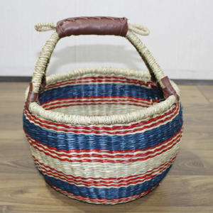 Colorful Seagrass Market Basket Handmade with Leather <b>Wrapped</b> Handle - Product Image 6