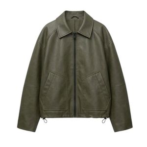 Olive Green Soft PU <b>Women</b> <b>Leather</b> <b>Jacket</b> Breathable Comfortable Straight Hem Fold Down Neck Cuffed Sleeves <b>Womens</b> Coats - Product Image 1