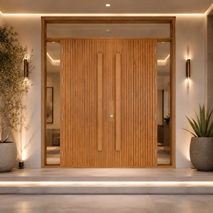 Porte d'entrée en teck massif sur mesure, à lattes verticales, double porte principale pour projets hôteliers et villas, exportée d'Indonésie - Product Image 3