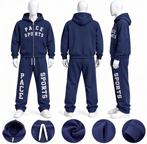 Conjunto de sudadera con capucha y pantalones deportivos de forro polar grueso color rosa claro para hombre, con cremallera completa, chándal personalizado OEM, ropa de calle para invierno. - Product Image 5