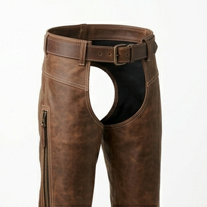 Chaps en cuir véritable marron vintage pour hommes, couleur et logo personnalisables, ceinture réglable, coupe décontractée, pantalon de style western, fermetures éclair latérales - Product Image 5