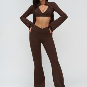 Brown Yoga Set V-Neck Racerback Crop Top High Waist <b>Flared</b> <b>Leggings</b> Seamless Breathable Activewear for Women - Product Image 1