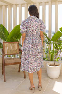 <b>White</b> Floral Print V-Neck With Short Cap Sleeves Cotton Midi <b>Dress</b> For Women Featuring Lightweight Fabric Modern Style - Product Image 3