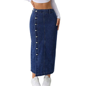 Women's High <b>Waist</b> Button Front Denim Maxi Skirt Casual Long Length Stretch Blue <b>Jean</b> <b>Elastic</b> Back <b>Waist</b> Winter XL Everyday - Product Image 1