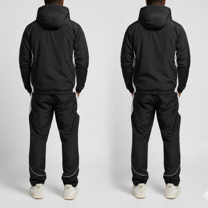 Ensemble de survêtement pour homme noir et blanc à capuche, coupe-vent, sportif, automne, polyester, deux pièces avec poches latérales - Product Image 6