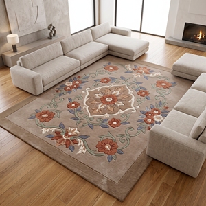 Tapis tufté à la main motif floral médaillon, beige taupe, en laine, motif botanique vintage, vente en gros sur mesure - Product Image 1