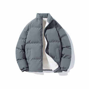 Men's Gray Puffer <b>Jacket</b> Stand Collar Zipper Closure Quilted Windproof Thick Winter Coat Casual Loose Fit Sherpa Lining - Product Image 1