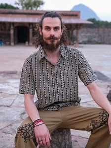Men Hand-Block Printed Cotton <b>Shirt</b> Traditional Maroon and Beige Geometric Pattern Casual <b>Half</b>-Sleeve Summer Wear - Product Image 4