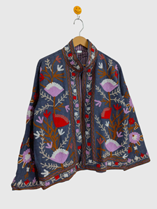 Veste à col mandarin brodée à la main avec motif floral, manches longues, taille plus, vêtements d'hiver en laine pour femmes, style Prairie Chic - Product Image 2