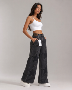 FAWKES Jean en denim pour femme, coupe large, taille haute, effet usé, avec patchs étoiles, coupe ample, longueur intégrale, style décontracté printemps, vente en gros - Product Image 5