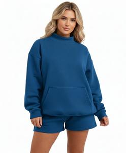 Ensemble décontracté pull col montant et short pour femme, brodé, coupe ample, style streetwear, mélange polyester/coton, pour le quotidien, collection automne - Product Image 4