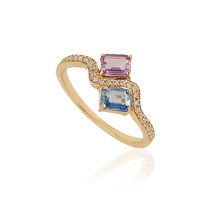 Bague Toi et Moi Ondulée en Or Jaune 14K Massif avec Saphirs Multicolores et Diamants Taille Octogonale 5x4mm 100% Naturels – Design Unique - Product Image 3