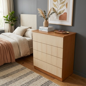 Cómoda Moderna de Madera de Roble Claro con 4 Cajones de Almacenamiento, Panel de Rejilla, Aparador Alto para Dormitorio o Sala de Estar - Product Image 6