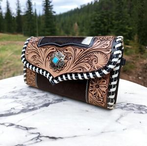 Cartera de mano de cuero tallado a mano DD de grano completo de piel marrón/bolso de mano para mujer con acento Floral trenzado de cuero crudo - Product Image 4